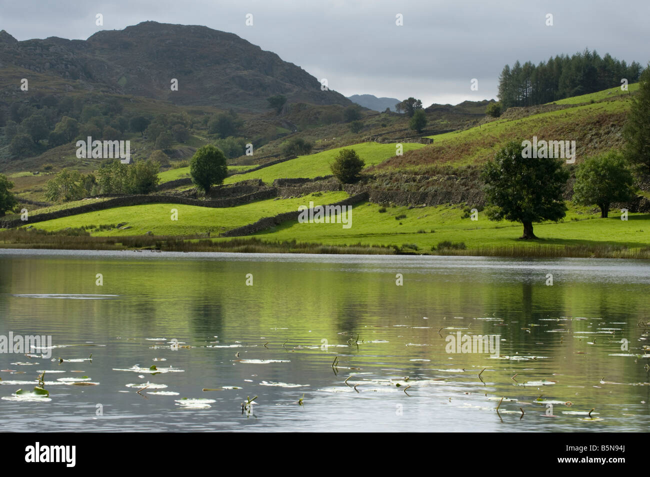 Reflexionen, Wasser, Hügeln, Bergen, stählerne Himmel; alle Funktionen der nördlichen Seen im Herbst. Stockfoto