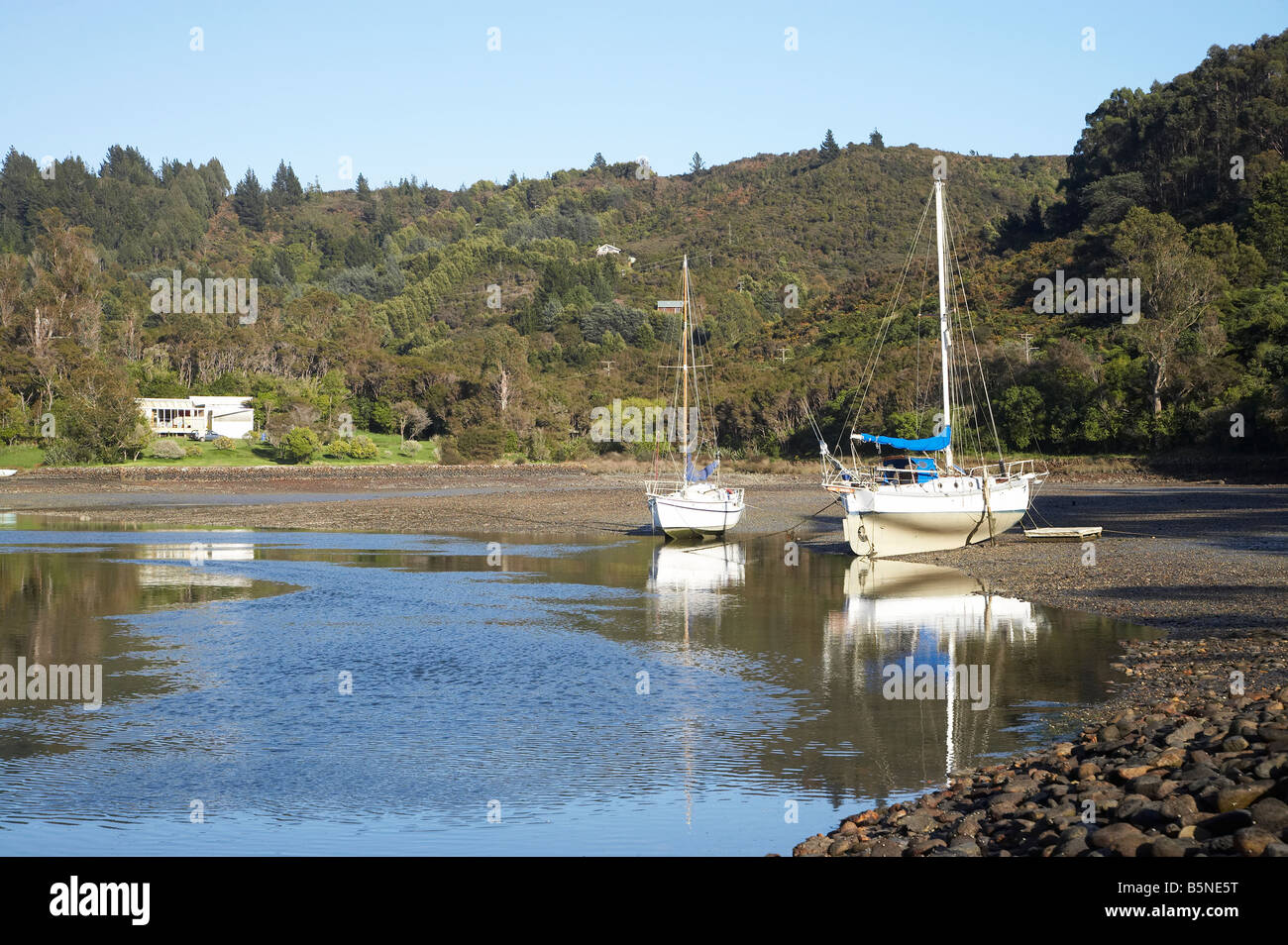 Yachten bei Ebbe Parapara Inlet Milnthorpe nahe Collingwood Golden Bay Nelson Region Südinsel Neuseeland Stockfoto