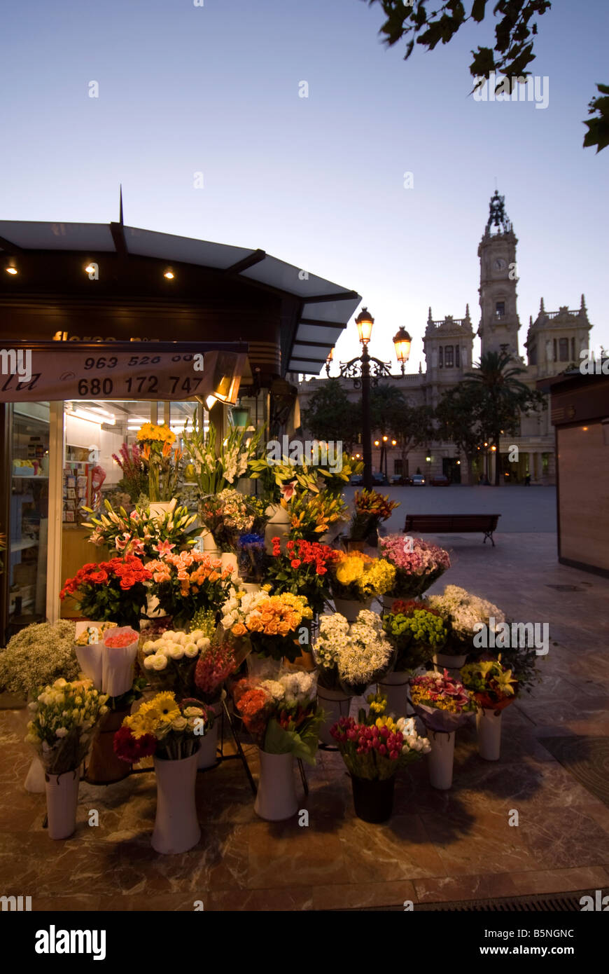 Blumengeschäft Stall am Rathausplatz mit dem Rathaus im Hintergrund Valencia, Spanien Stockfoto