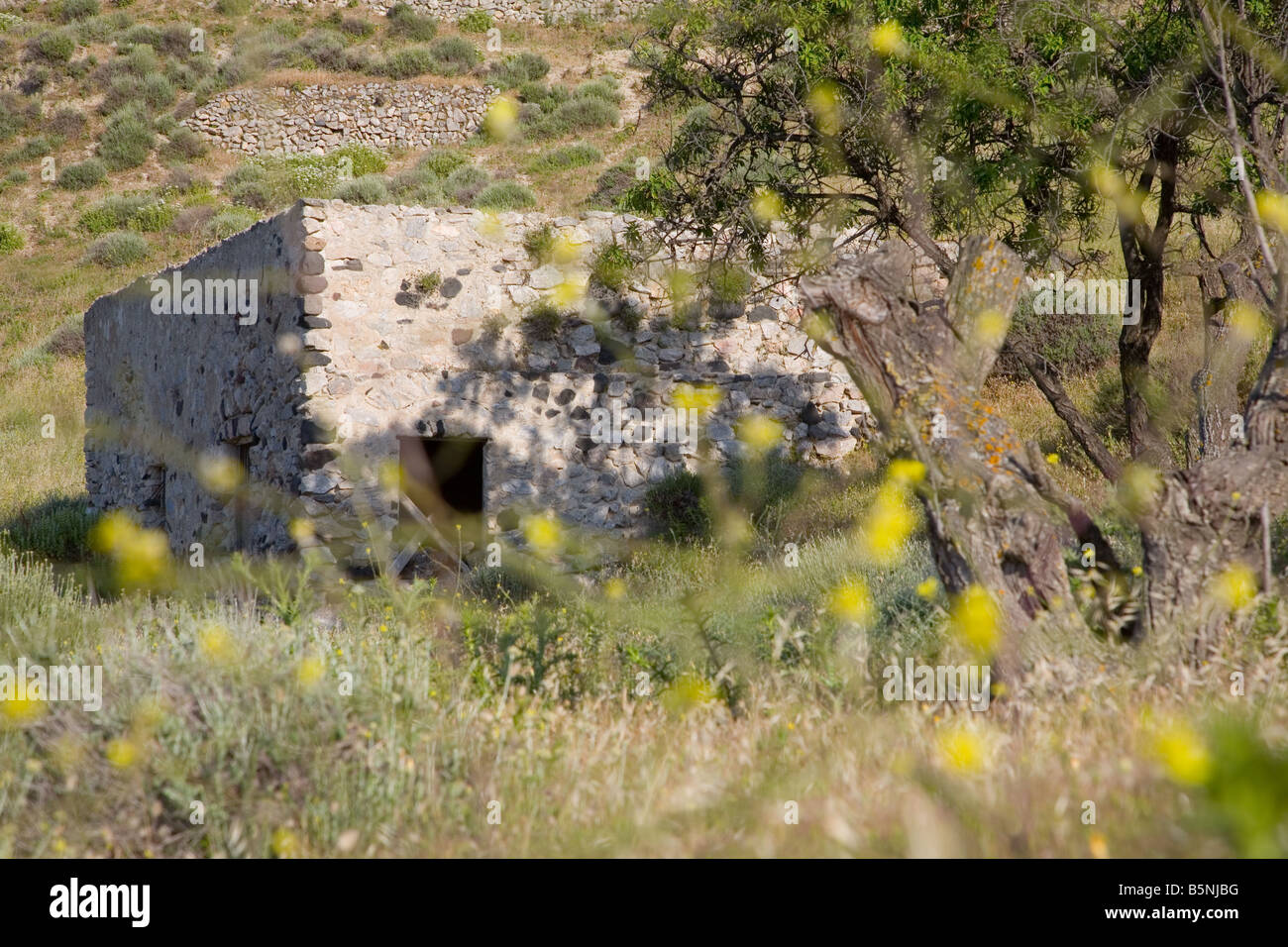 Verlassene isoliertes Haus in der Nähe von einem Berg auf der Insel Santorin in Griechenland Stockfoto