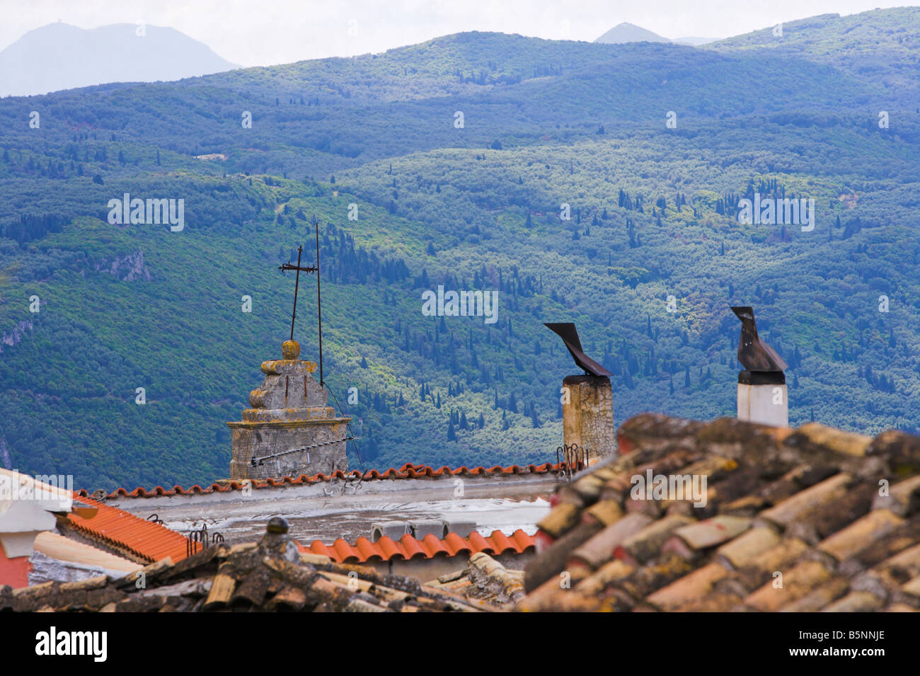 Blick von der Dachterrasse Lakones Korfu Stockfoto