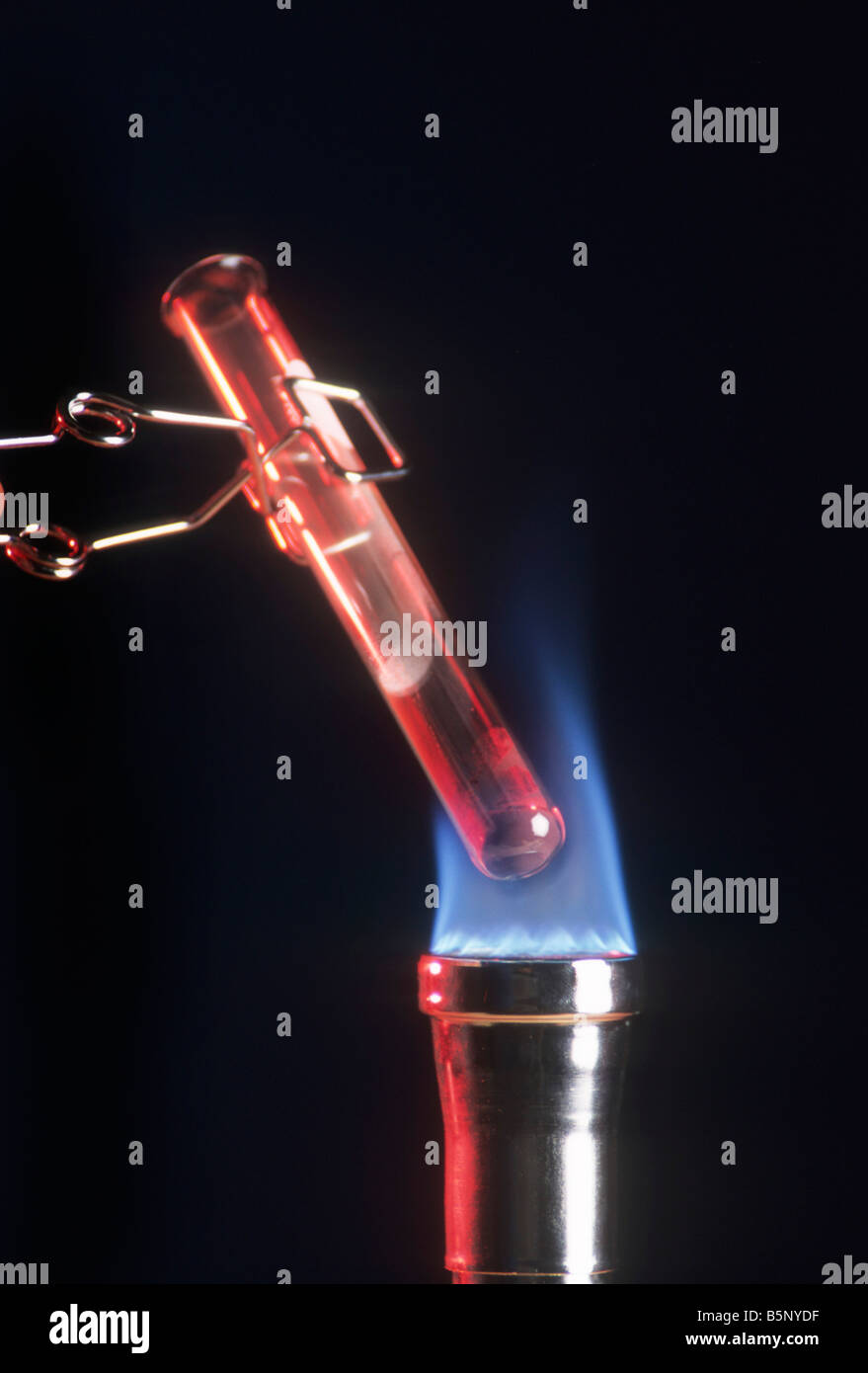 Quecksilberoxid-Oxid wird in flüssigem Quecksilber im Reagenzglas in Flamme von Bunsenbrenner Chemie Experiment gehalten geschmolzen. Stockfoto