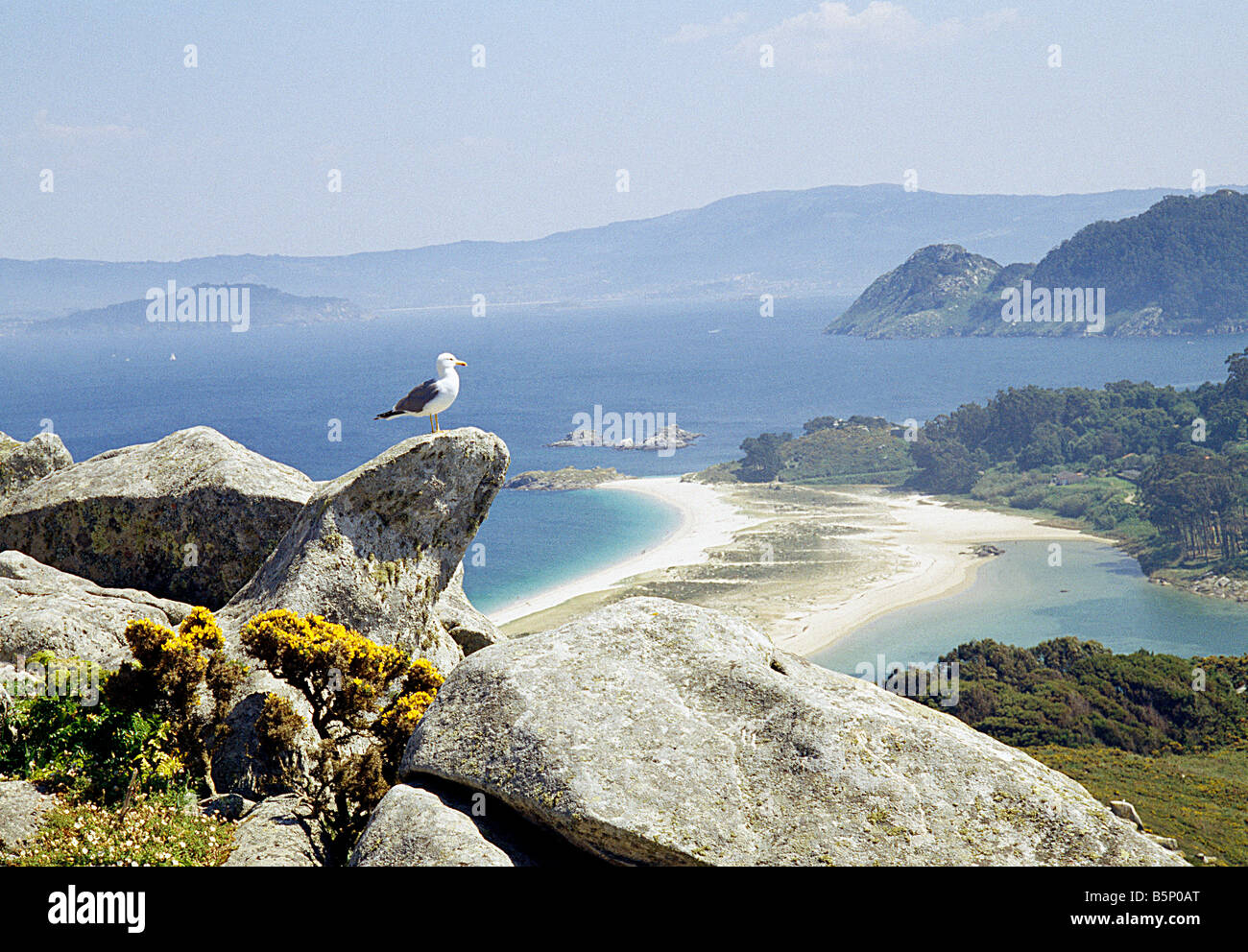 Blick von Monteagudo Insel. Cíes-Inseln. Atlantic Islands National Park. Pontevedra Provinz. Galizien. Spanien. Stockfoto