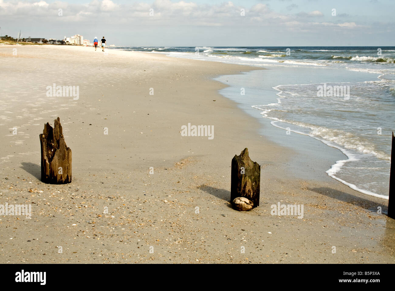 Zwei der verfallenden hölzernen Pfähle mit einer Kokosnuss vor durch den Ozean in Jacksonville Beach, Florida Stockfoto
