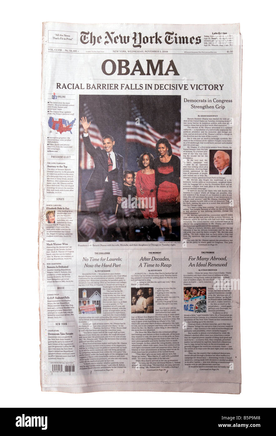Schlagzeile der New York Times am Mittwoch, 5. November 2008 der Tag nach dem Wahltag in New York Stockfoto