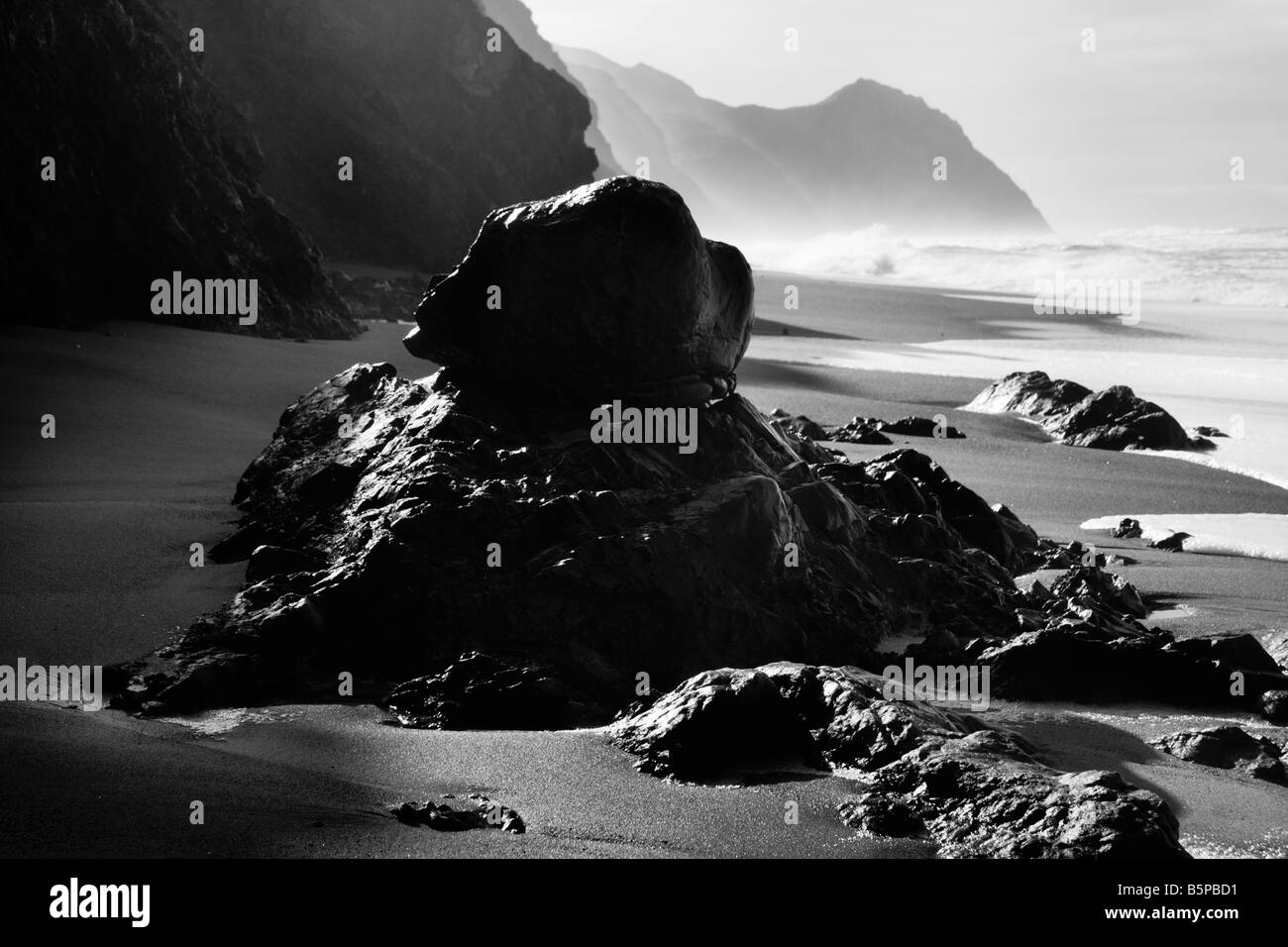 Eine ungewöhnliche Felsformation durch Bodenerosion durch Wasser unterhalb der steilen Klippen entlang wilden Strand in Point Reyes National Seashore, Kalifornien geschnitzt. Stockfoto