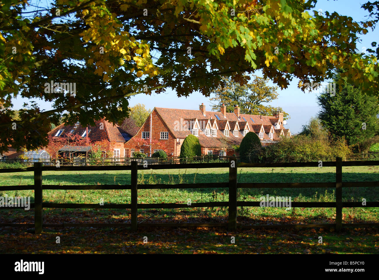 Reihe von Hütten im Herbst, Virginia Water, Surrey, England, Vereinigtes Königreich Stockfoto