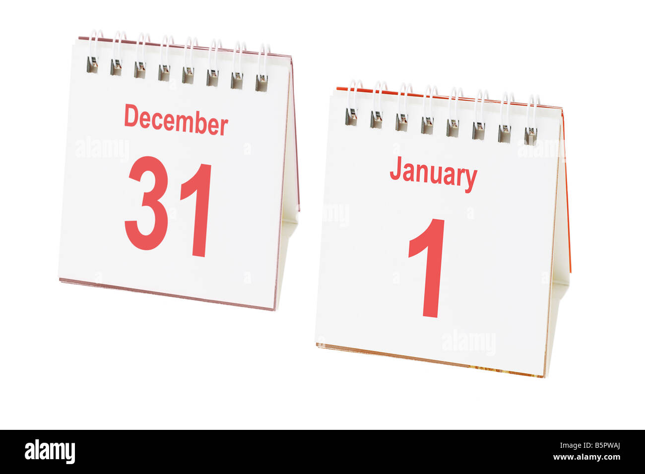 Desktop-Kalender zeigt letzten und ersten Tag des Jahres Stockfoto