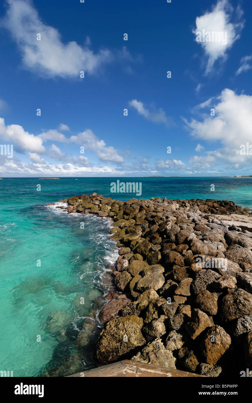 Diese felsige Ufer befindet sich am Strand im Atlantis Resort auf Paradise Island Nassau Bahamas. Stockfoto