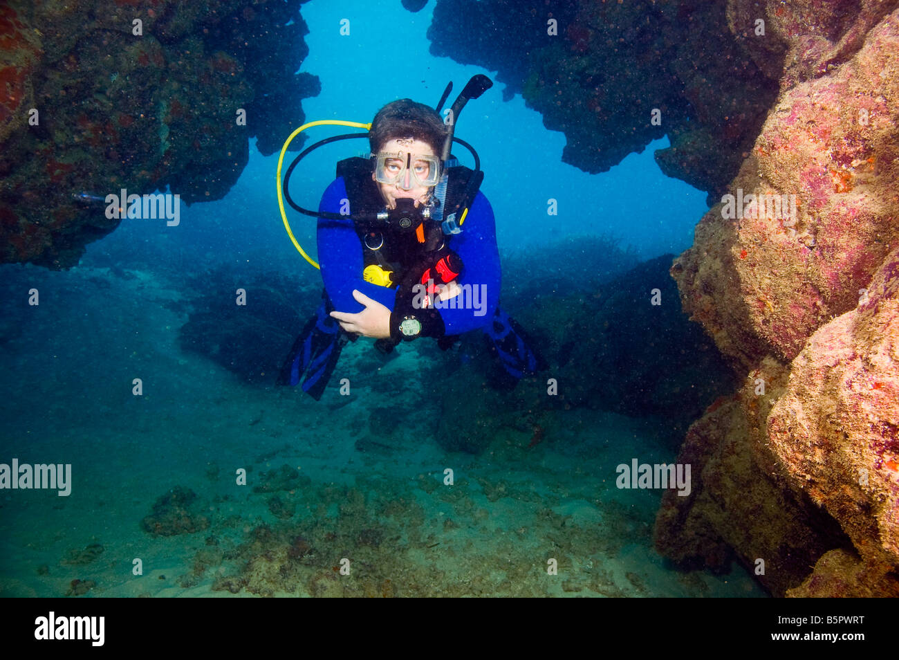 männlichen Taucher umgeben von Korallen des Great Barrier Reef Australien Stockfoto