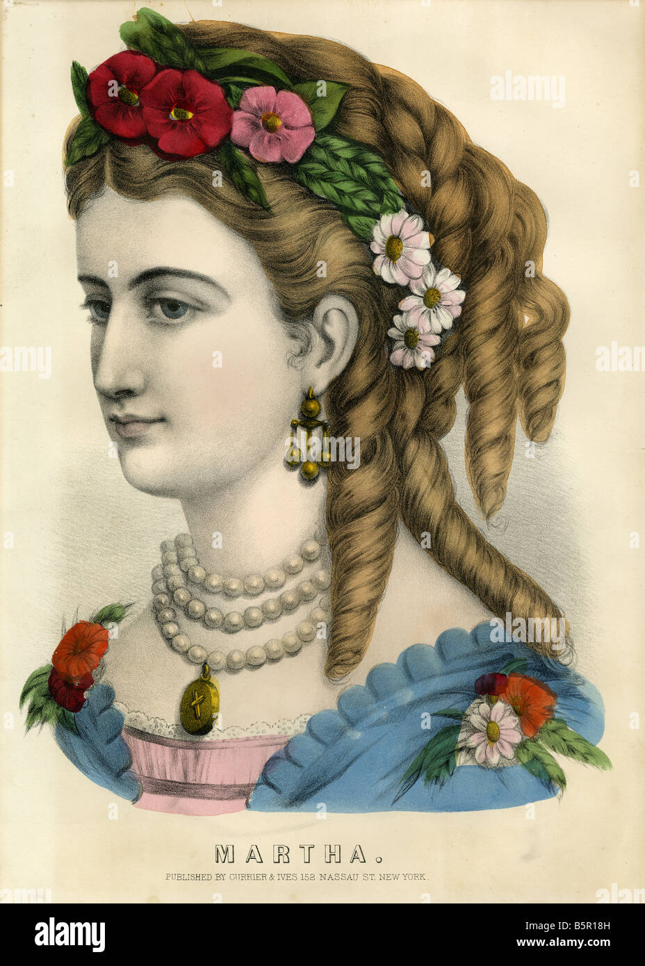 Ca. 1840 s, 1860er Jahre hand Currier & Ives farbige Lithographie von einer Frau namens "Martha." Stockfoto