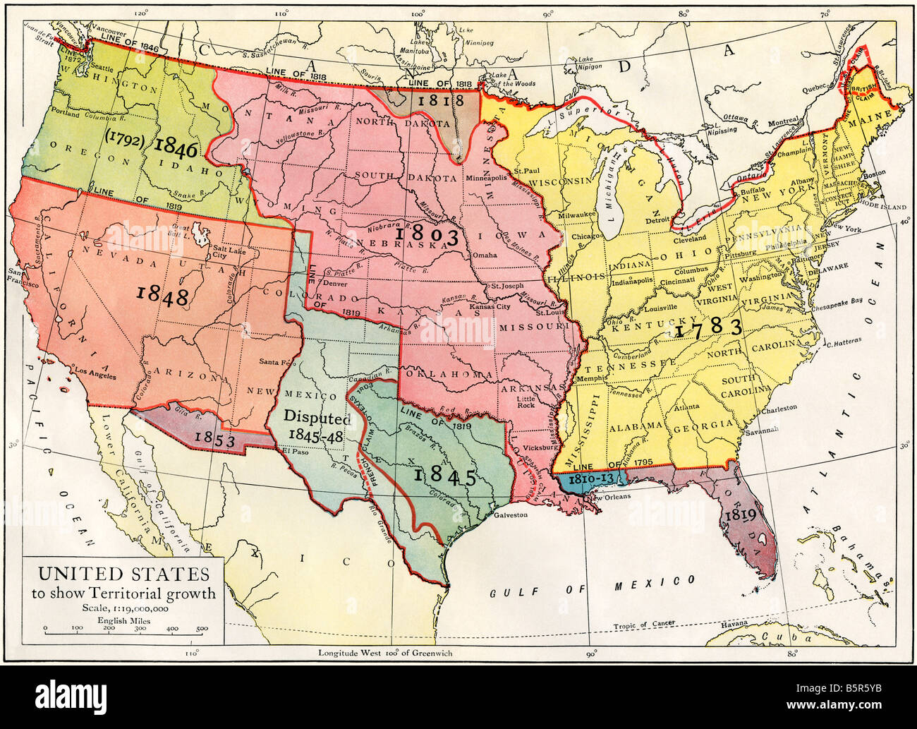 Uns Karte der territorialen Wachstum bis 1853. Farblithographie Stockfoto