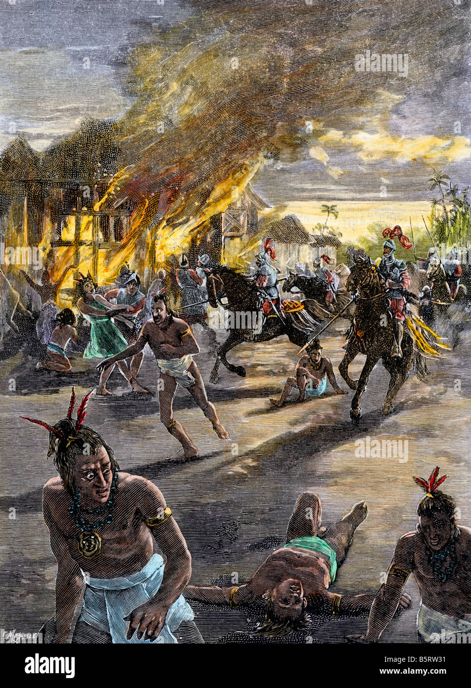 Schlachtung der gebürtigen Mexikaner durch die spanischen Eroberer 1500. Hand - farbige Holzschnitt Stockfoto