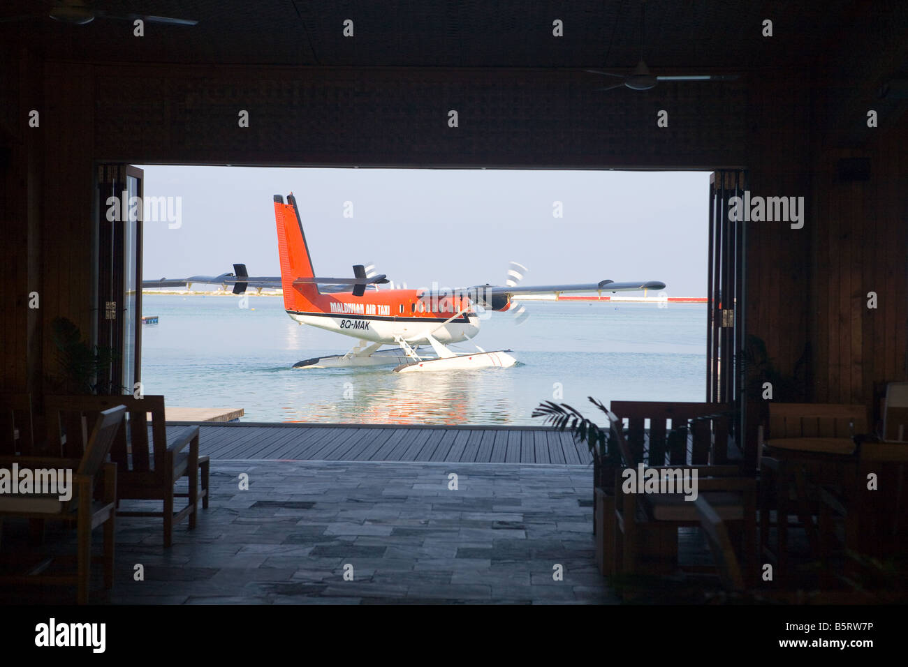 Die Vvew von der Abflughalle des Maldivian Air Taxi Stockfoto