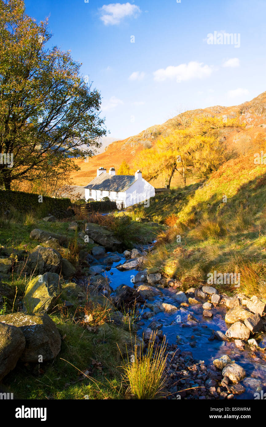 Weiß getünchten Häuschen Bauernhaus im Lake District National Park, Cumbria, England, UK mit Strom oder Beck neben im Herbst. Stockfoto