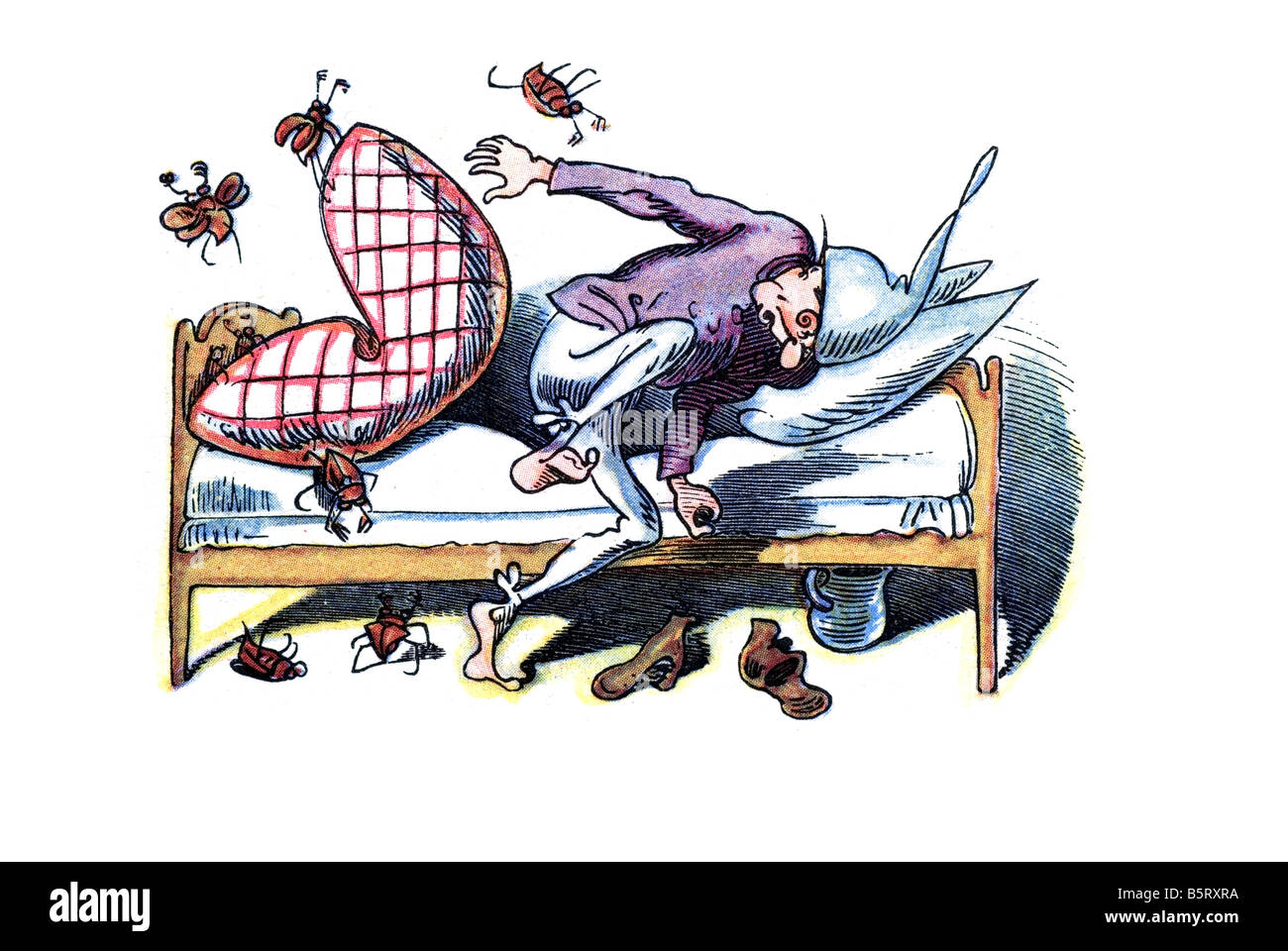 Onkel Fritz Horryfied im Maikäfer Bett, Max und Moritz A Story of sieben jungenhaften Streiche Heinrich Christian Wilhelm Busch 1865 Stockfoto
