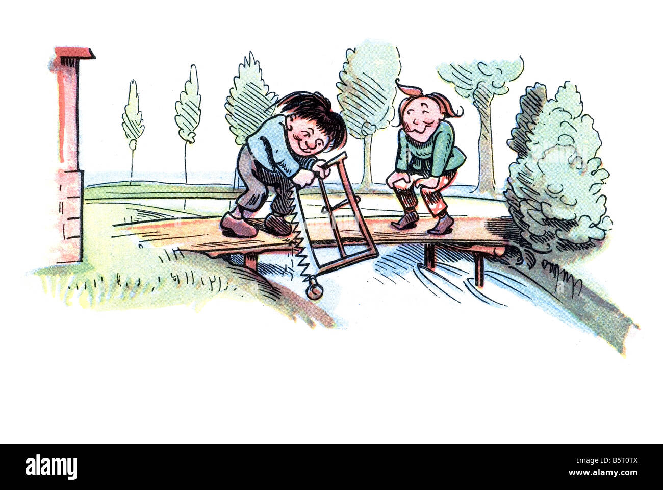 Max & Moritz schneiden die Brücke, Max und Moritz A Story of sieben jungenhaften Streiche Heinrich Christian Wilhelm Busch 1865 Stockfoto