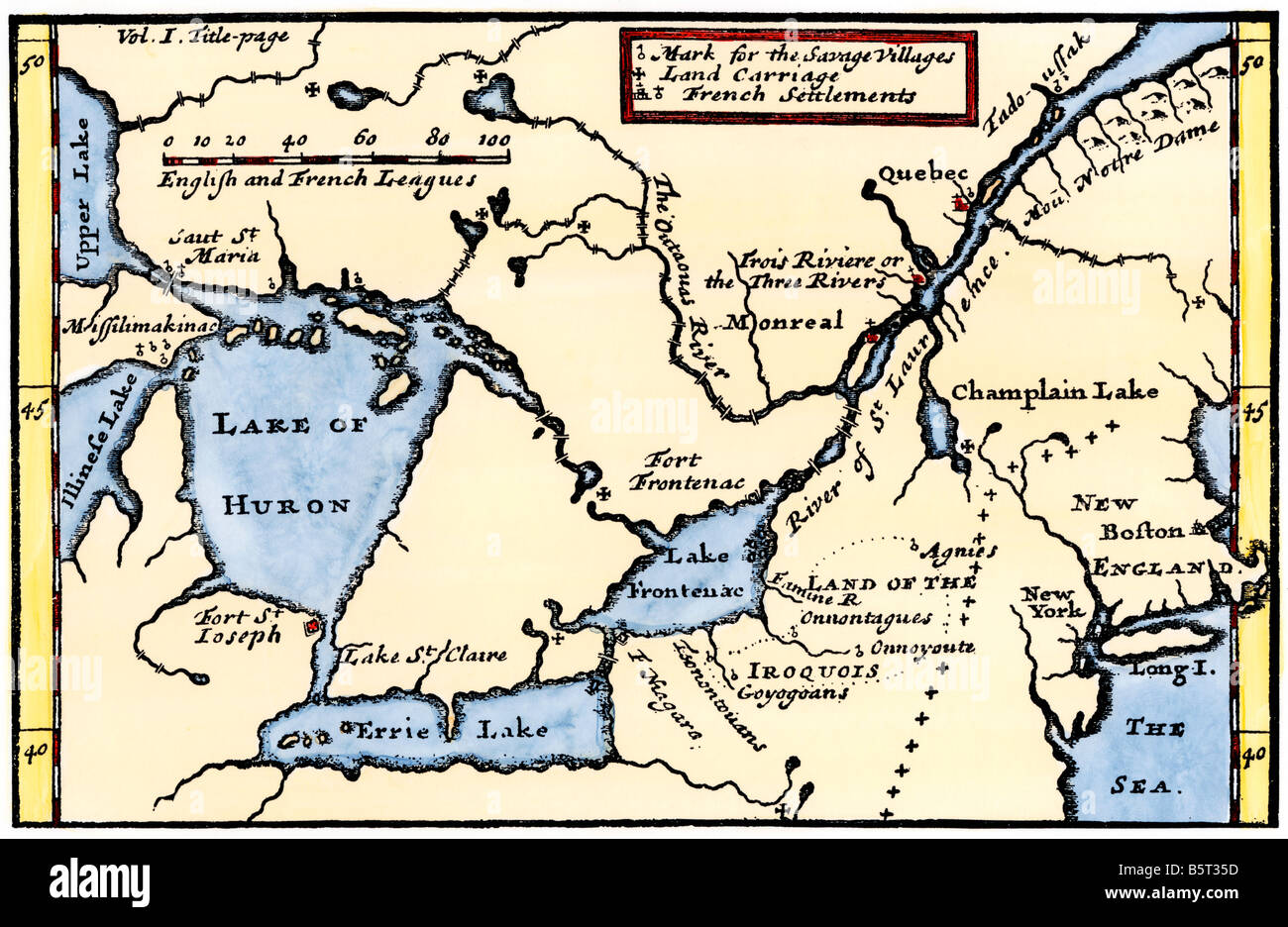 La Hontan's Karte der Großen Seen und Saint Lawrence Valley 1703. Hand - farbige Holzschnitt Stockfoto