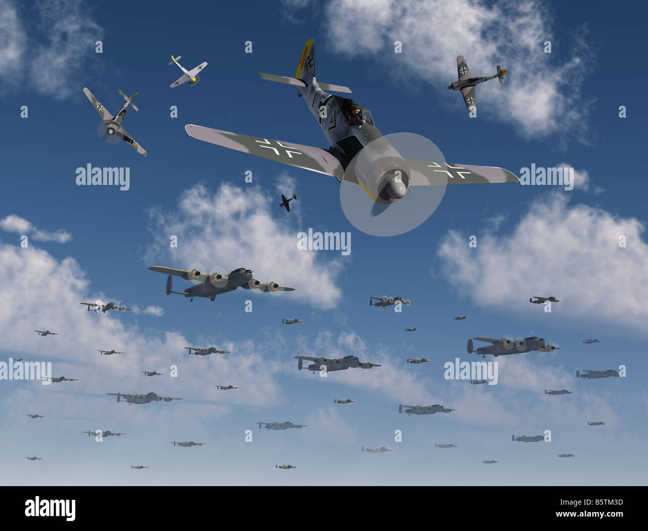 Deutsche WW2 Fokke Wolf 190 Kampfflugzeuge Angriff auf britische Lancaster-Bomber Stockfoto