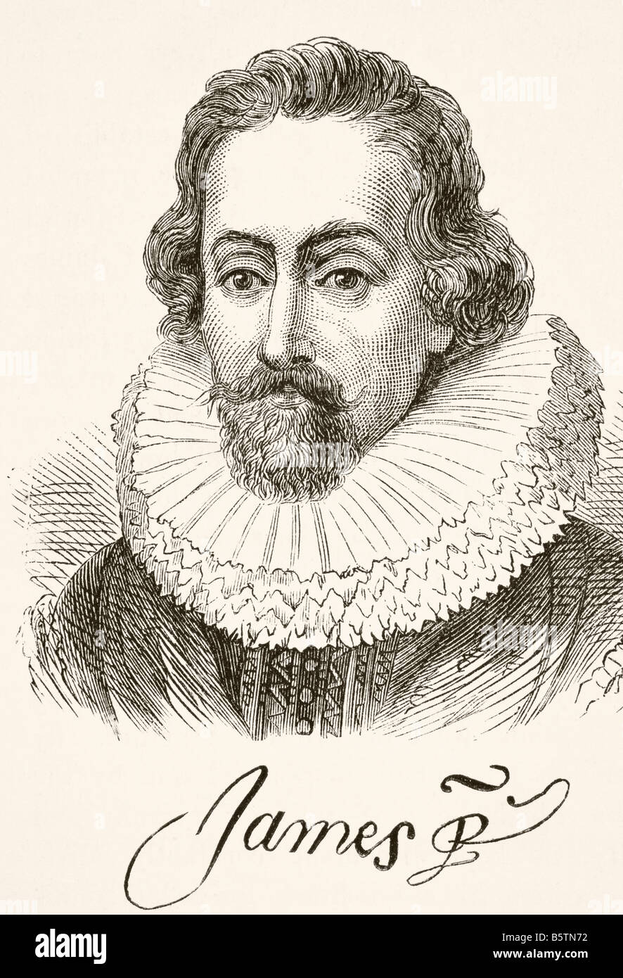 König James I von England, 1566 - 1625. König von England, Irland und als James VI. von Schottland. Porträt und Unterschrift Stockfoto