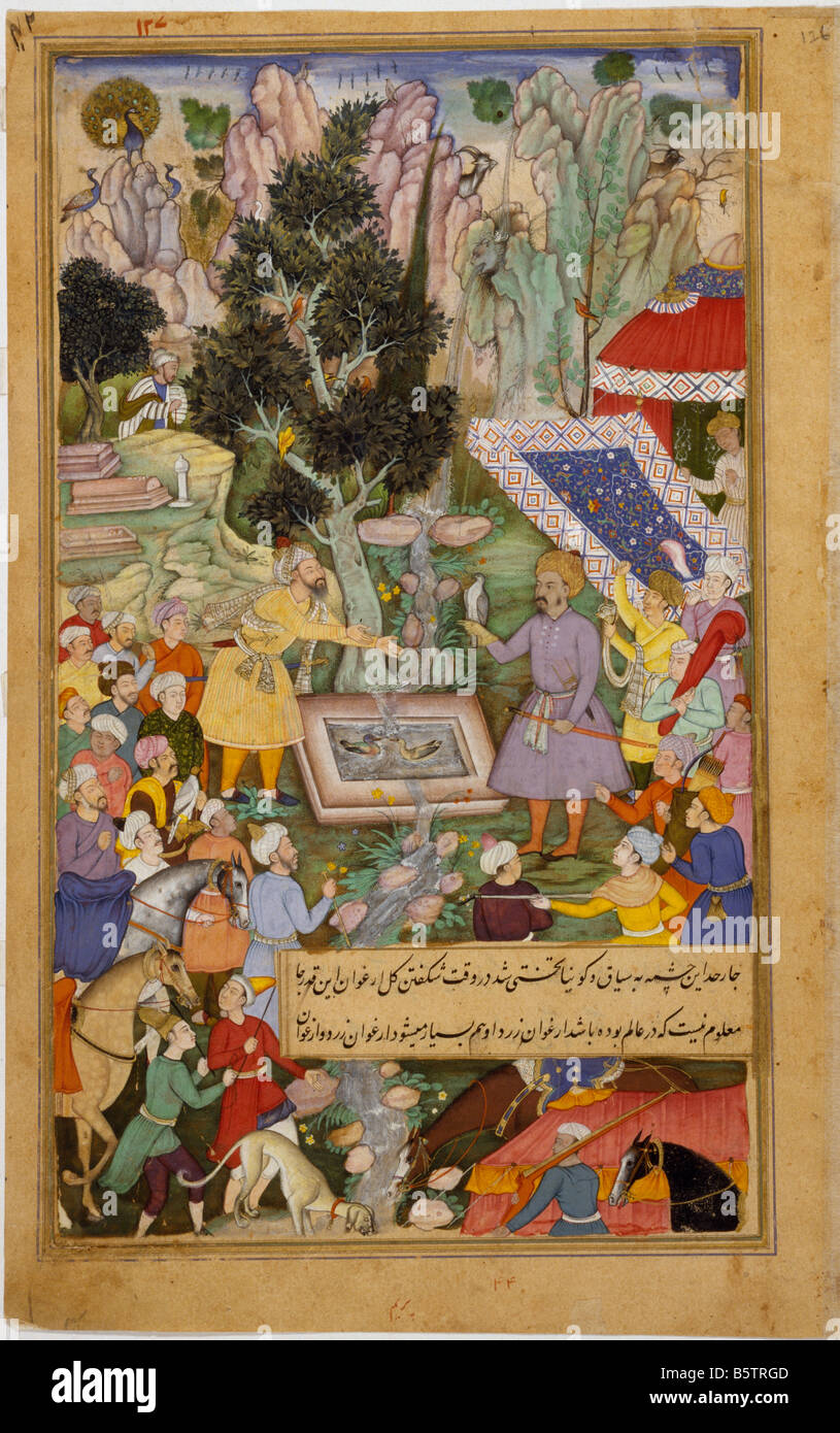 Babur auf der Feder Khanja Sili Yaram Kabul. Von Babur Nama bezeichnet fol 126 mit Namen des Künstlers. Nationalmuseum der neuen D Stockfoto