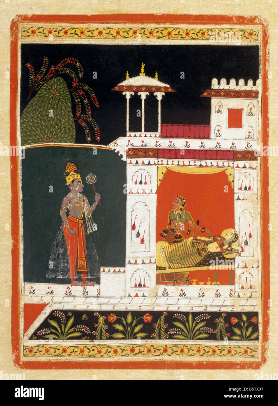 Paradhin Nayika die Heldin, die völlig an ihren geliebten erliegt. Rasavali von Puhakar. Auf umgekehrten Malwa ca. 1660 eingeschrieben. Nati Stockfoto
