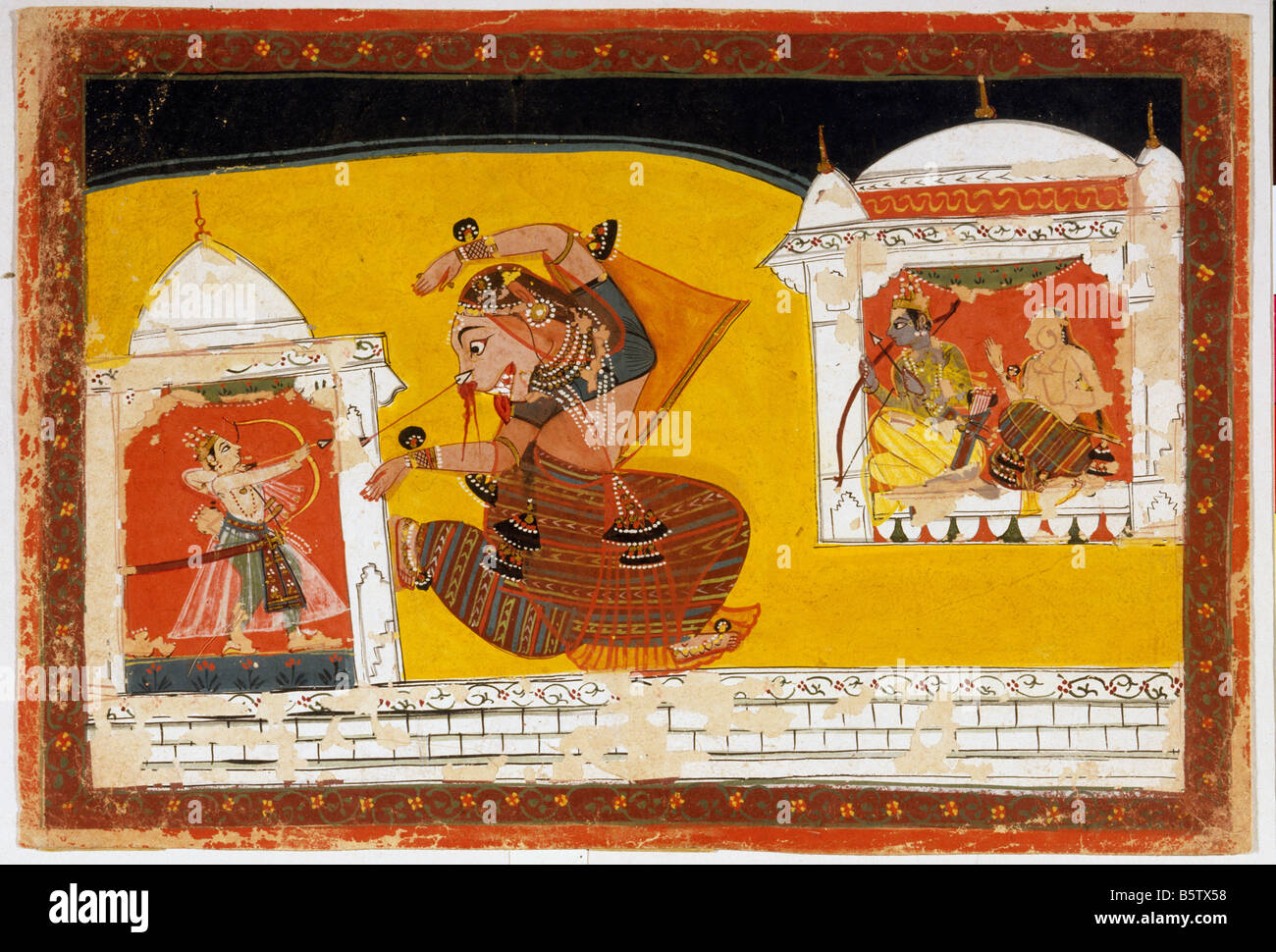 Laksmana schneidet Nase der Dämonin Sirpanakha Ramayana. Folio Nr. 27. Malwa Folk style spät 17 Jh. nationalen Museum der neuen Delh Stockfoto