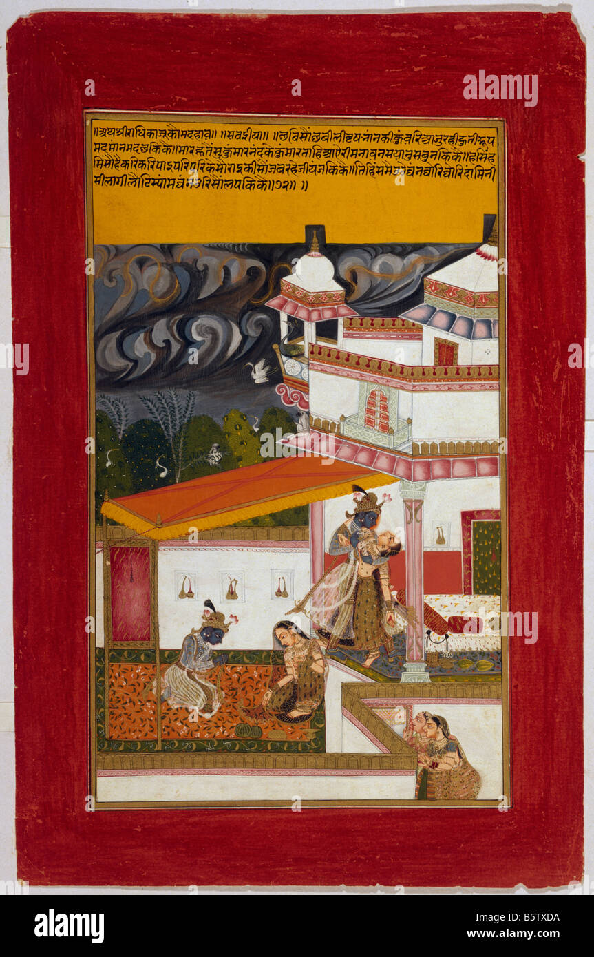 Krishna schmeichelt Radha, wie ein Sturm über Kopf sammelt. Rasikapriya Keshavadasa folio keine 72. Über bundi.circa 1750 eingeschrieben. Na Stockfoto