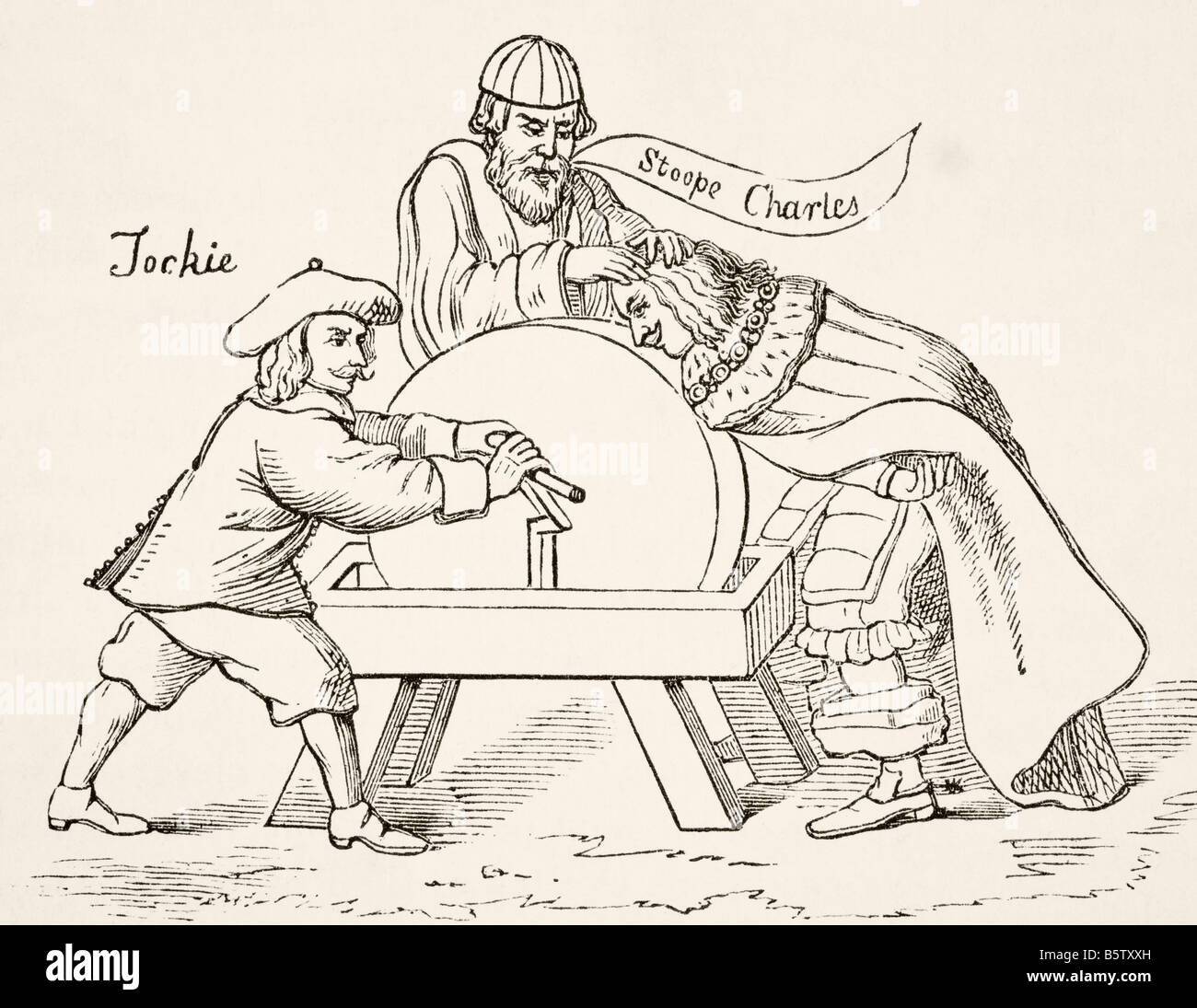 König Karl I. von England auf dem Schleifstein der schottischen Presbyterianischen Intoleranz. Ein Cartoon von 1651. Stockfoto