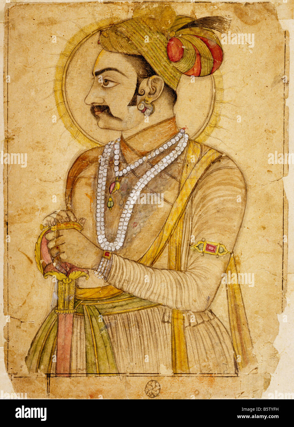 Getönten Zeichnung Porträt auf reverse "Maharadscha Sri Karan Singhji" Attritbujted an den Künstler Sahibuddin eingeschrieben. Bikaner c. 17 Stockfoto