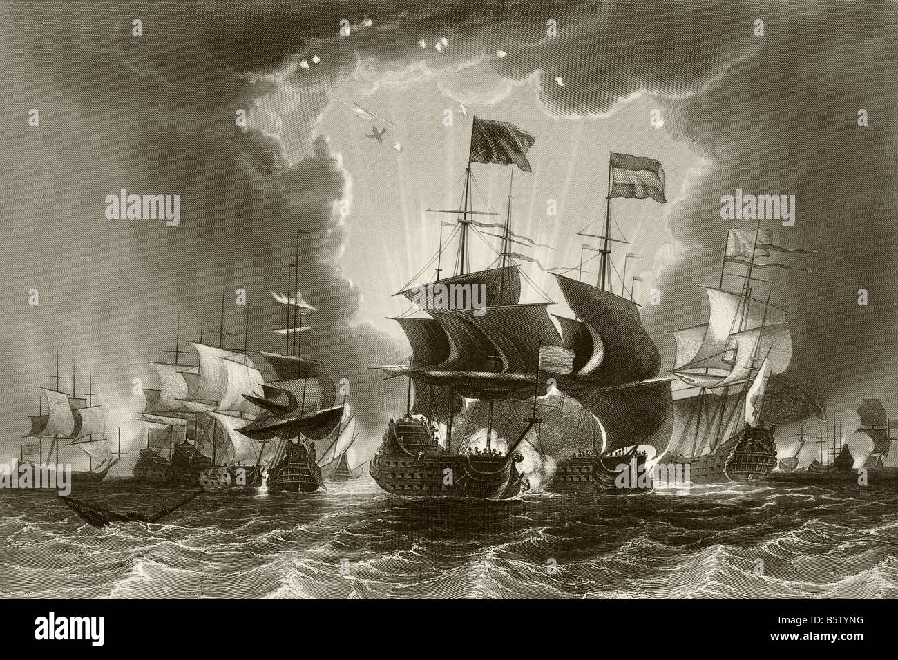Niederlage der niederländischen Flotte durch Admiral Robert Blake in der Schlacht von Gabbard, 12. Und 13. Juni 1653. Stockfoto