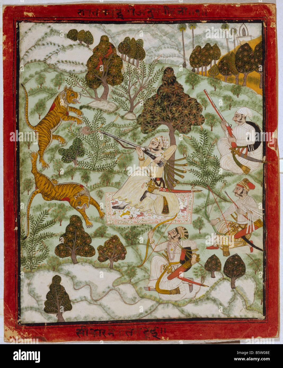 Ravat Sawai Anupsingh jagt Tiger. Eingetragen am oberen und unteren Platten in Devanagari. Sawar ca. 1725. Nationalmuseum der neuen D Stockfoto