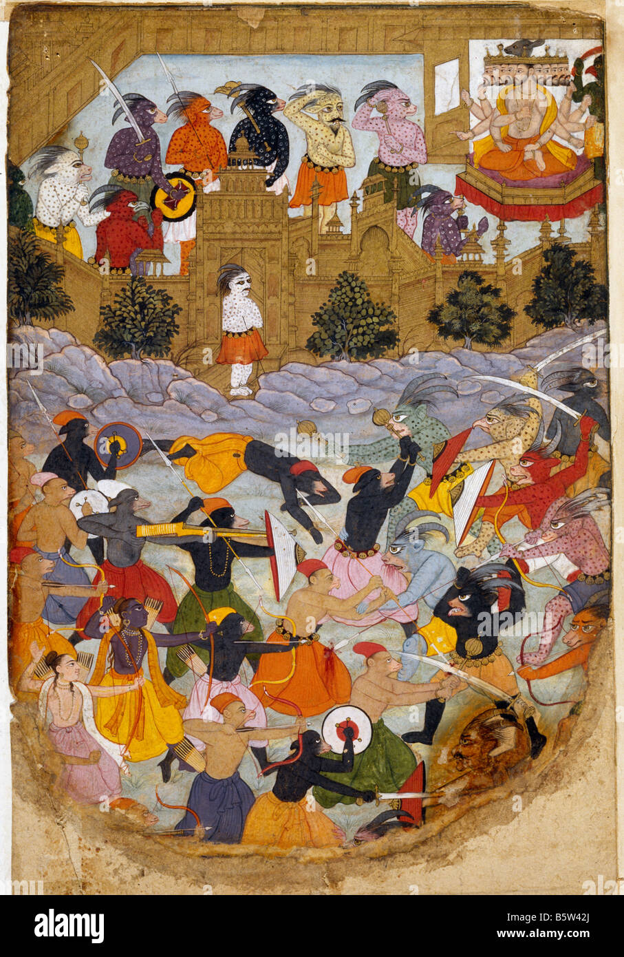 Belagerung von Lanka islamische Buchillustration Ramayana. Mit Text auf Rückseite transkribiert. Mughal. C. 1600 AD Nationalmuseum neu Stockfoto