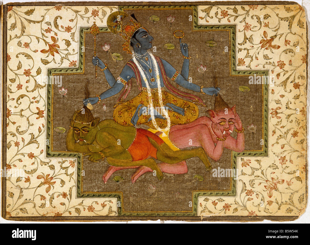 Vishnur tötet Kaitabha Sdevi Mahatmya einen Abschnitt der Markendeya Purana. Auf umgekehrten Bikaner um 1750 eingeschrieben. Nationalen Mus Stockfoto