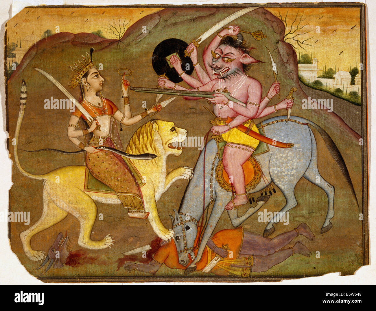 Durga bekämpft Mahashasura Devi Mahatmya. Bikaner c. 12750. National Museum of New Delhi-Indien 47.110/174 Stockfoto
