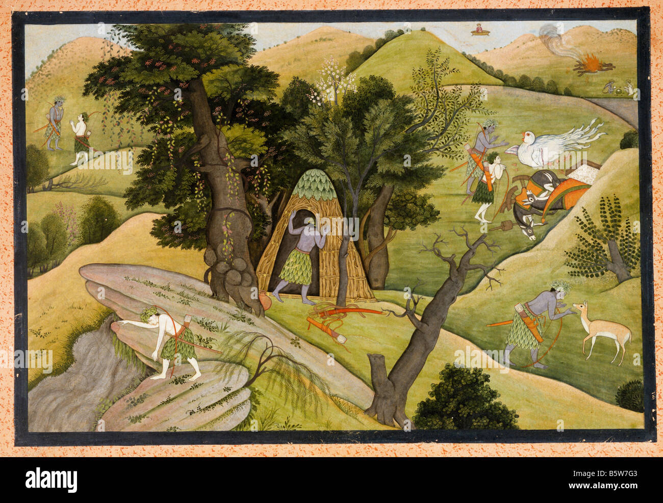 Rama & Lakshmana Wandern auf der Suche nach Sita und der Tod von Jatayu Ramayana. Kanan Schule. Ende des 18. Jahrhunderts. Nationalmuseum Stockfoto