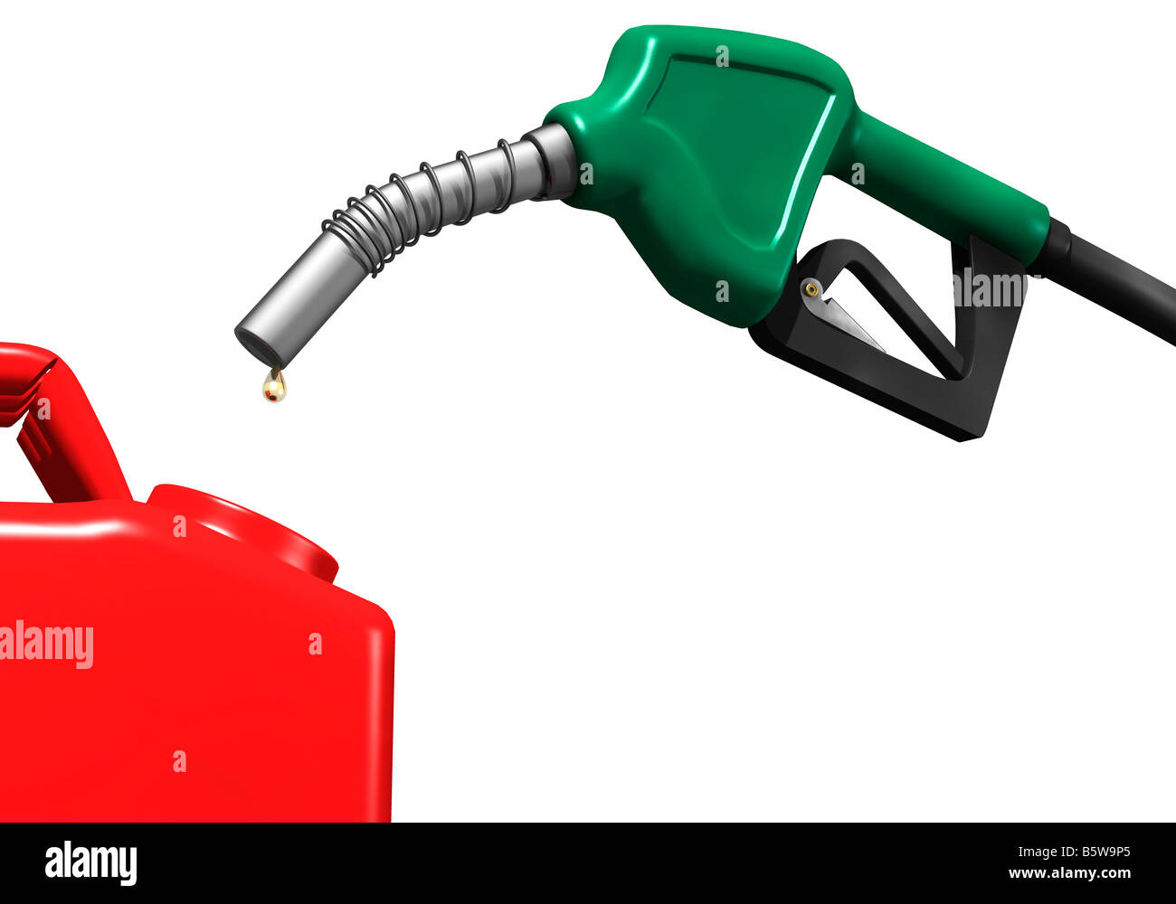 Letzten Tropfen Benzin kommen aus einer Tankstelle Düse in einen Kanister isolierte Abbildung auf weißem Hintergrund Stockfoto