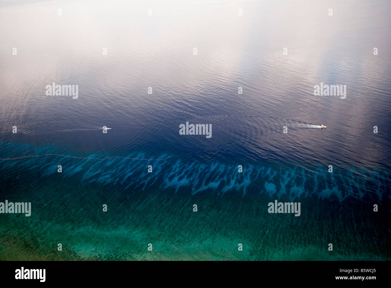 Luftaufnahme von Booten und Korallenformationen, Grand Cayman Stockfoto