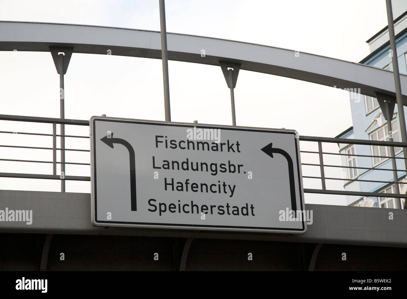 Ein Zeichen auf einer Brücke in Hamburg, Deutschland. Die Zeichen sind einige der beliebtesten Attraktionen in der Stadt aufgeführt. Stockfoto