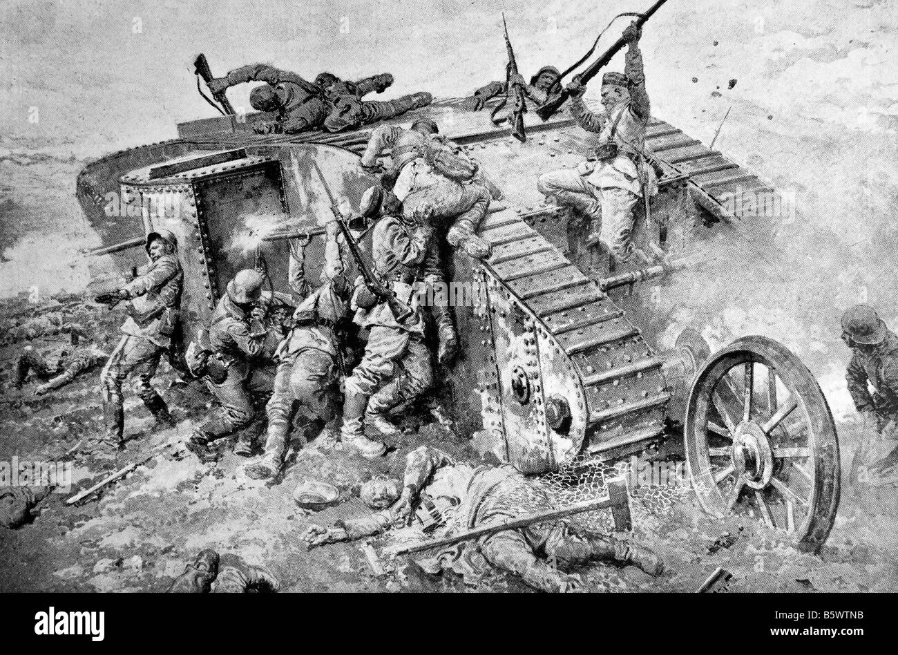 Zeitgenössische Weltkrieg einer Illustration von einem vergeblichen Angriff von deutschen Soldaten auf ein britischer Panzer in Frankreich. Stockfoto