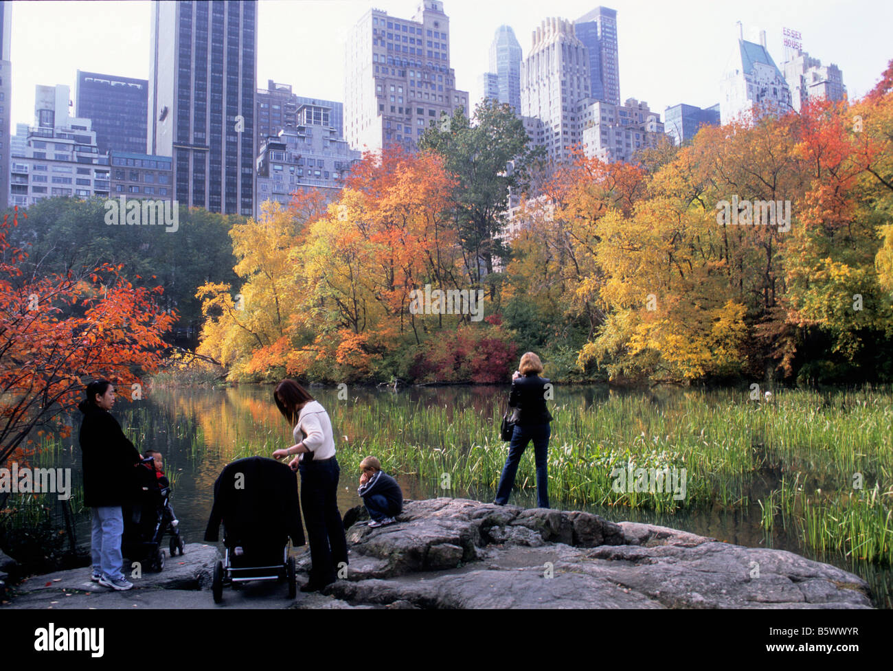 Central Park, New York City, Herbstlaub. Menschen auf einem Felsen mit Blick auf den Teich im Hallett Nature Sanctuary. Blick auf die Skyline des Central Park South. Stockfoto