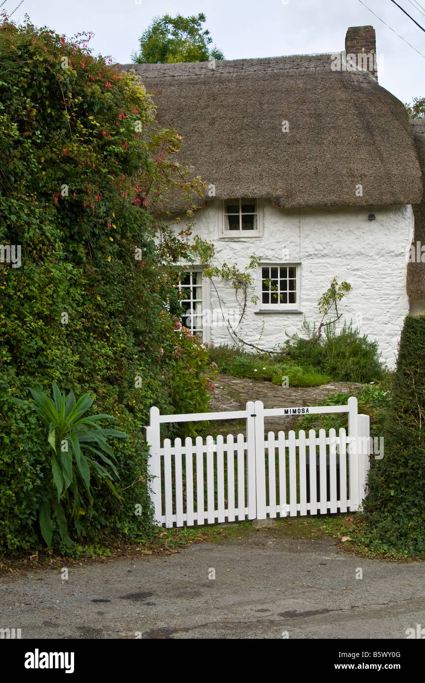 Einer traditionellen kornischen Reetdachhaus, Cornwall, UK. Stockfoto