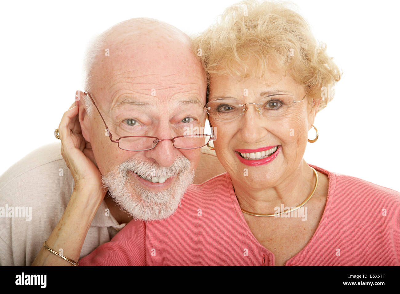 Attraktives älteres Paar in modernen modischen Brille Teil meiner optischen Serie isoliert auf weiß Stockfoto