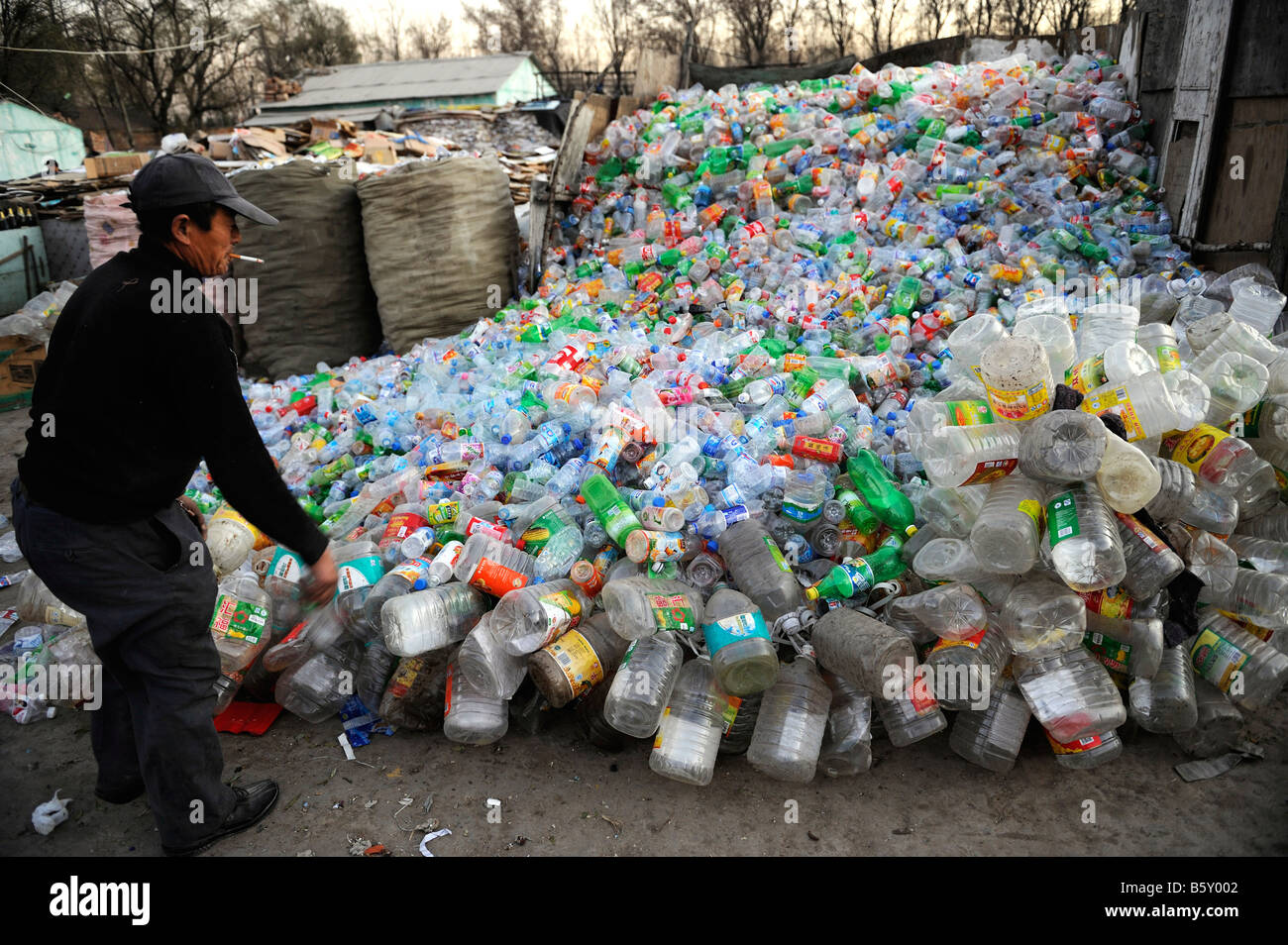 Chinesischer Mann sammelt Kunststoff Flaschen an eine Recyclingstation Stadtrand von Peking, China. 20. November 2008 Stockfoto