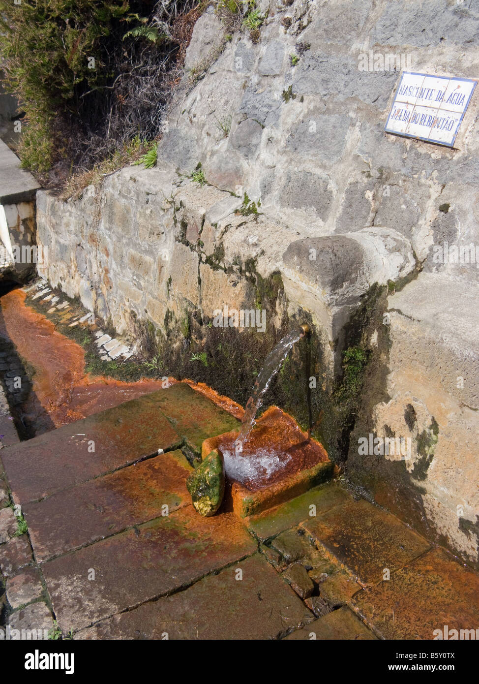 Frühling mit natürlich kohlensäurehaltigem Mineralwasser in Furnas, São Miguel, Azoren, Portugal Stockfoto