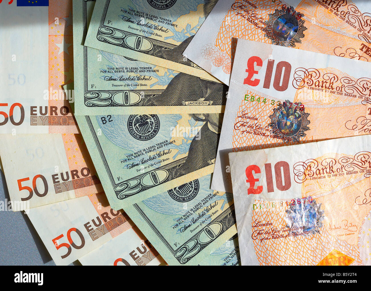 Pfund Sterling, US-Dollar und Euro Stockfoto