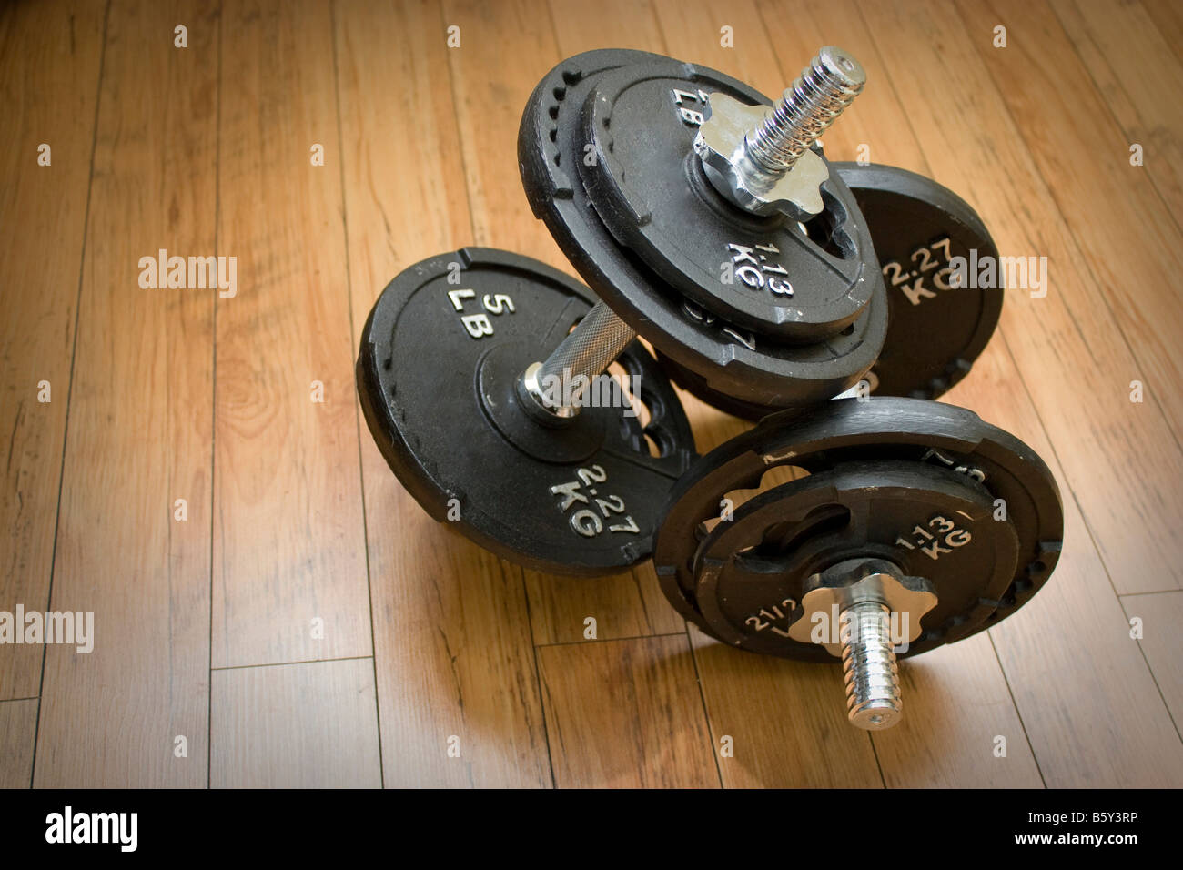 Freie Gewichte sitzen auf einem Holz Boden das perfekte Accessoire zu Hause Fitness-Studio Stockfoto