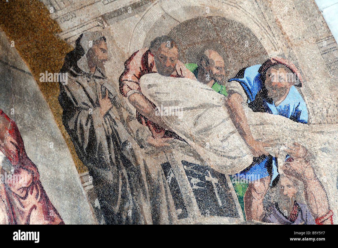 Markus aus Alexandria, Mosaik an der Westfassade der Basilika dei San Marco, Venedig, Italien. Stockfoto