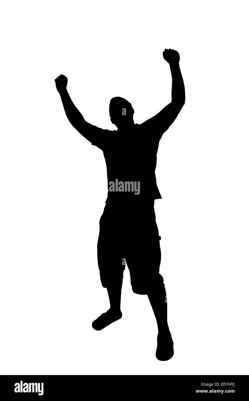 Ein junger Mann freudig wirft seine Hände in der Luft Dies umfasst die Clipping-Pfad Stockfoto