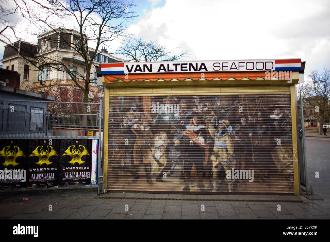Eine Reproduktion der die Nachtwache von Rembrandt van Rijn, auf ein Outdoor-Anbieter-Cart in Amsterdam Stockfoto